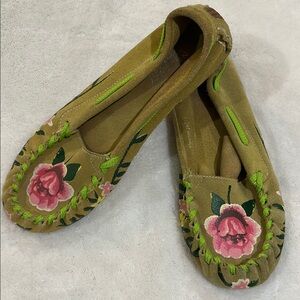 Naughty Monkey Moccasins Green and Pink Floral Design